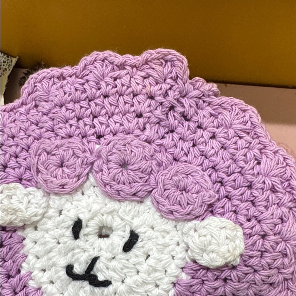 Vintage Hand Crochet Knit Lamb Pink Purple Hot Pads Coasters - Picture 3 of 5